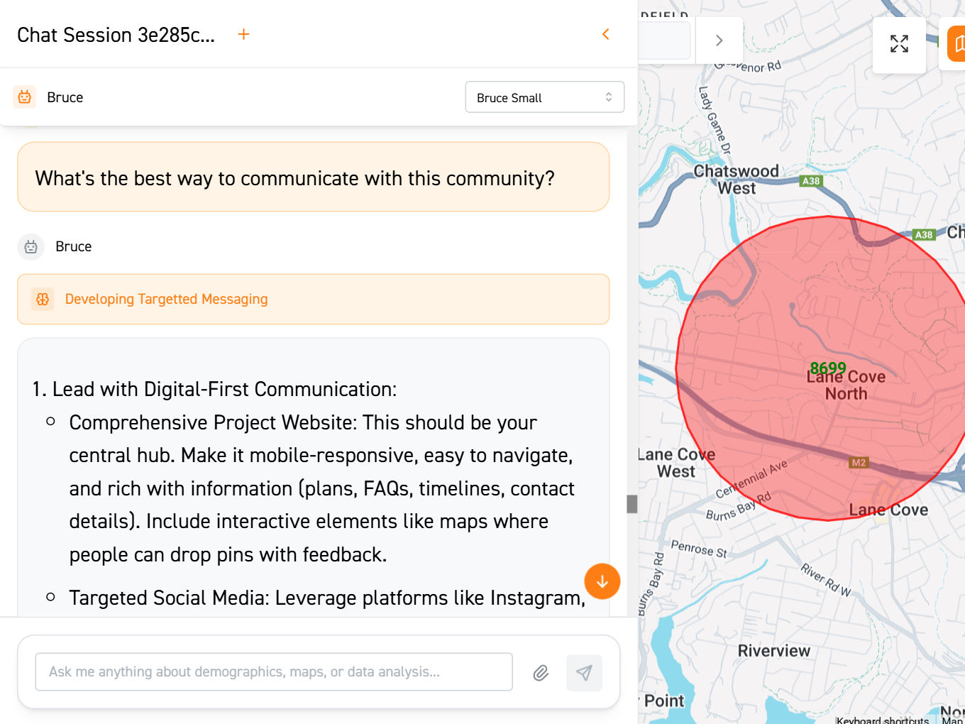 Image of an interaction with Bruce AI, creating personas for an area