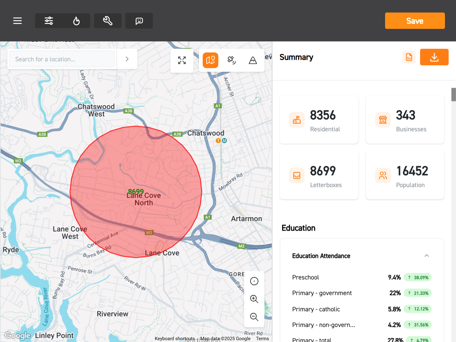 Image of a custom map and a demographic snapshot on the right side