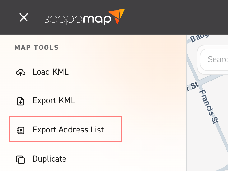 Image of side menu focusing on generate address list button