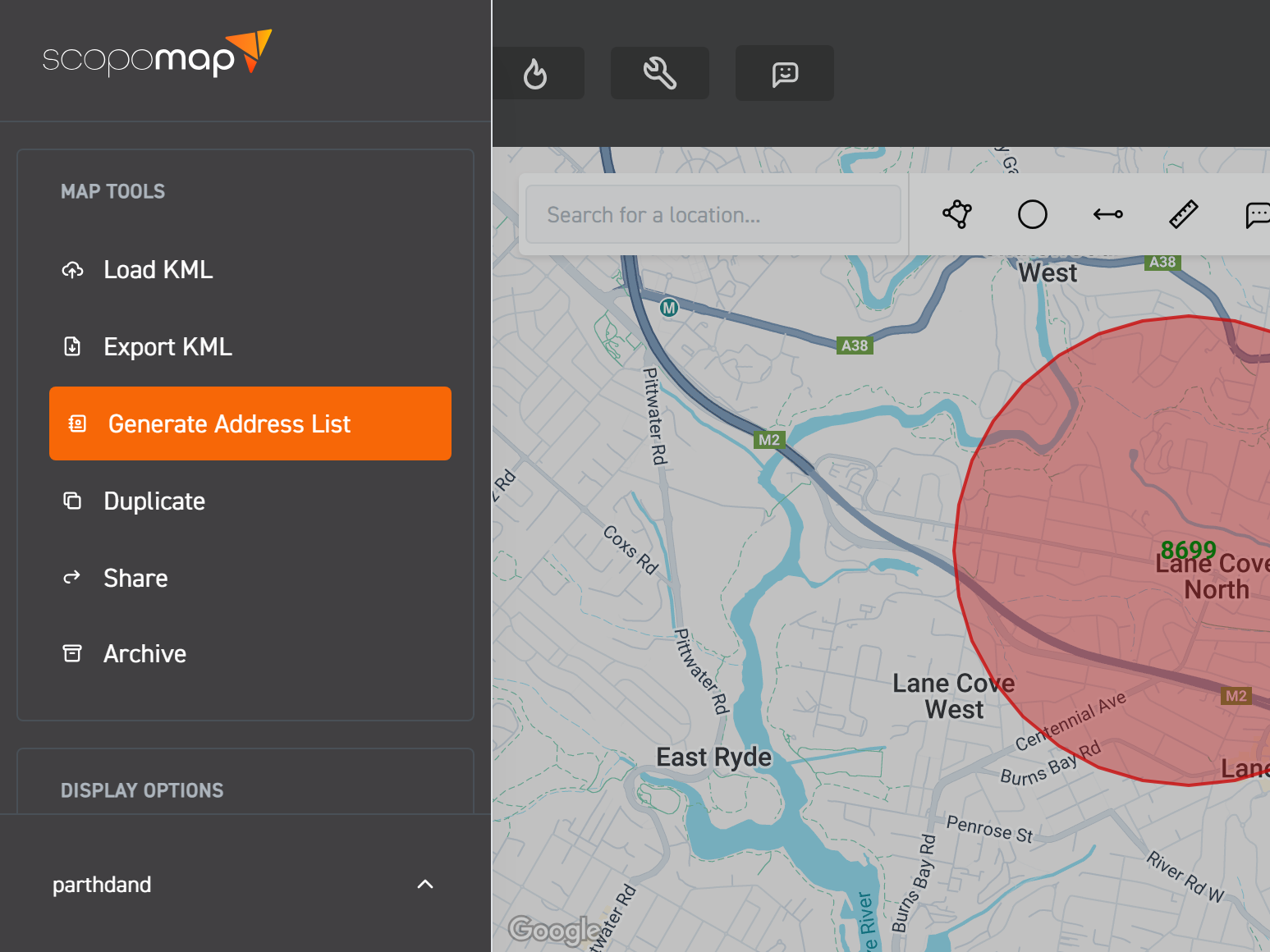 Image of side menu focusing on generate address list button